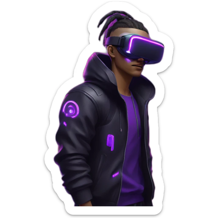Cyberpunk style. Violet neon. man with white-light skin in the black hoody with violet OMG VR logo on it wearing vr headset oculus quest 2 sticker