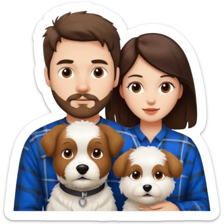 scottish man with stubble, brunette woman and one fully pure white fluffy dog sticker