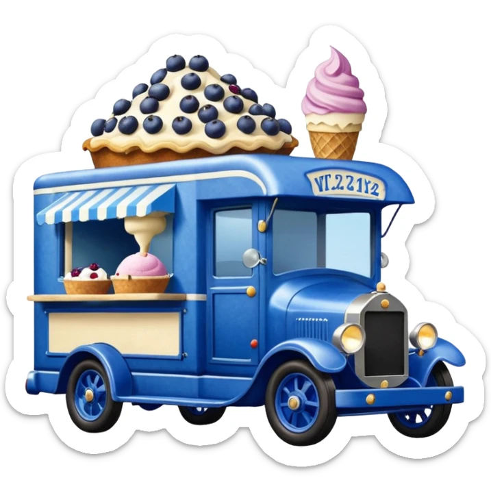shiny-dark-blue crystal-bodied frozen blueberry muffin, pie, and ice cream, 1912 antique long-wheelbase cab over durable-looking low rider moving truck food truck  sticker
