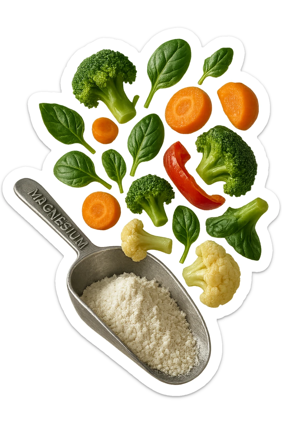 BOCCETTA DI MAGNESIO E VERDURE COTTE FLUTTUANO IN ARIA, IPERREALISTICA 4K sticker