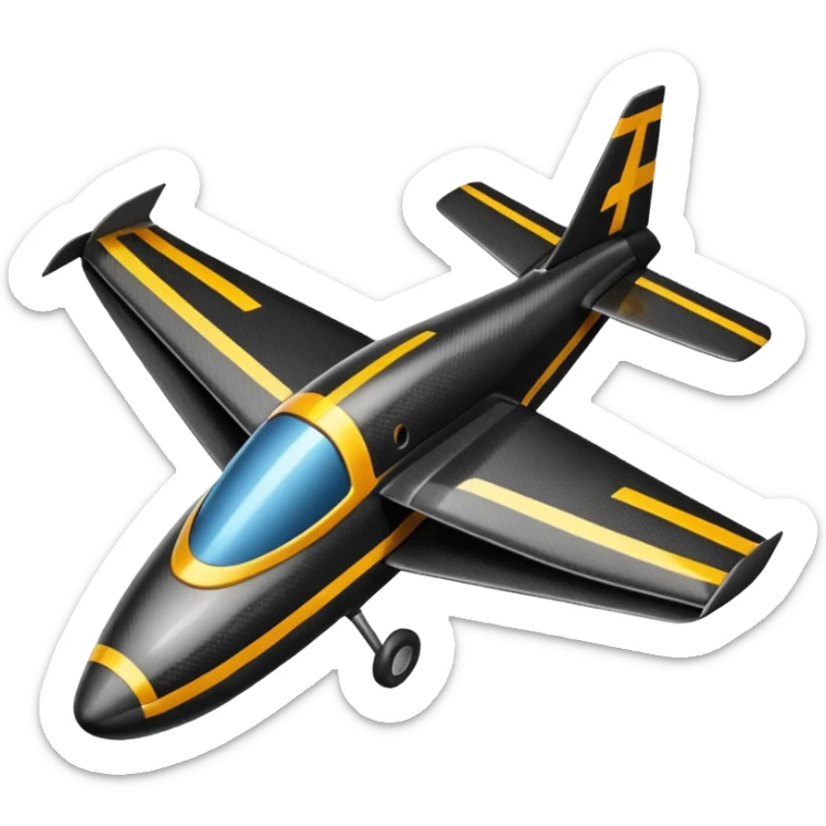Emoji of a black rc plane. The design is a long thin carbon fiber spar in the longitudinal axe. At the head of the plane, a black carbon fiber long prism where the wings start from. The wings are completely rectangular. The tail is V-shaped sticker