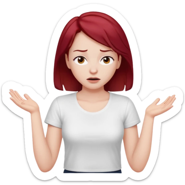 younger woman shrugging, eyes closed, white t-shirt, dark red hair sticker