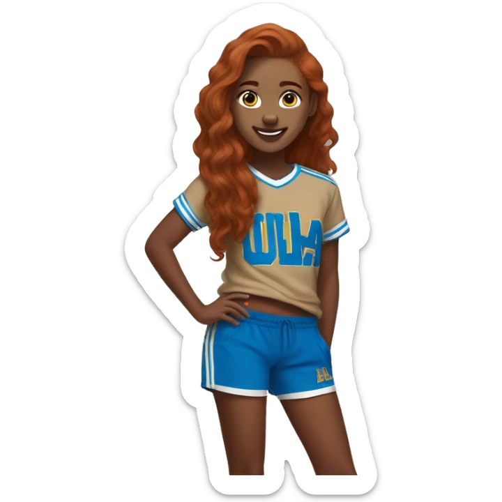 redhead college student wearing a ucla shirt, brown shorts, and adidas sambas sticker