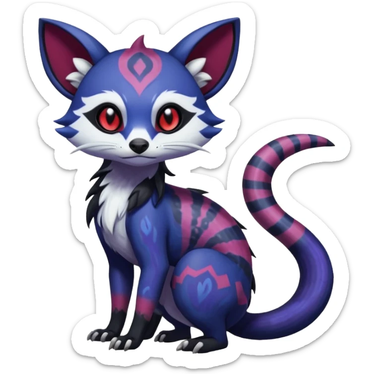 Rare warm-colored exotic gloomy tropical edgy cute epic aesthetic spooky indigo purple white black red gothic colorful Salandit-Furret-Espurr-Meowstic-Civet-species-Fakemon-hybrid-creature, with tribal tattoo markings, full body sticker