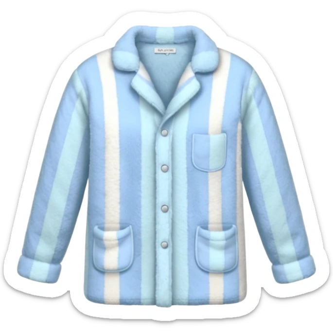 emoji of an isolated fluffy fleece pajama top with soft pastel 'vertical' stripes, plush fuzzy texture, light grey and pastel blue tones, button-down long sleeves, neatly folded flat-lay, no person, no body, no mannequin, cozy warm winter mood, soft shading sticker