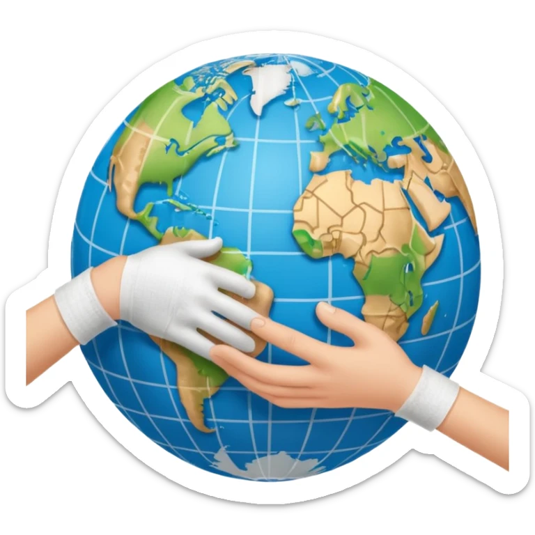 Generate an emoji of two hands shaking in front of a globe. Have the global have a bandage wrapped around it. sticker