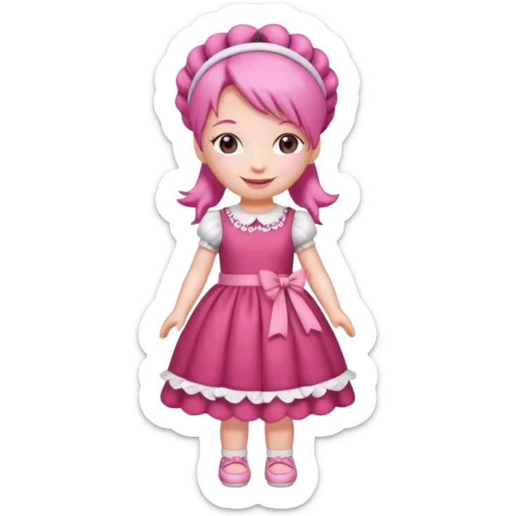 Isolated detaile illustration of the most modern raspberry torte doll figurine full body with pink hair and a hairband sticker