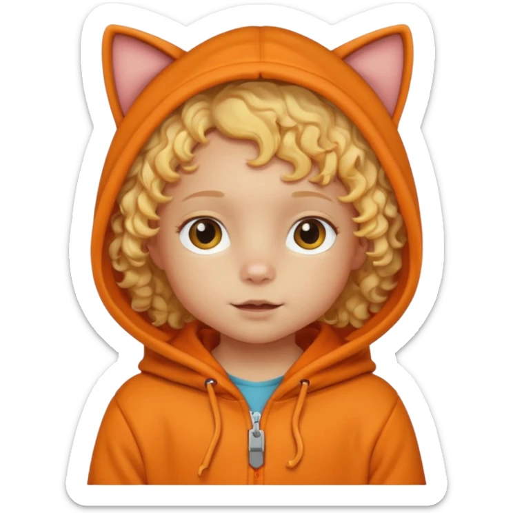 little kid Toddler in orange cat hoodie, curly blonde hair sticker