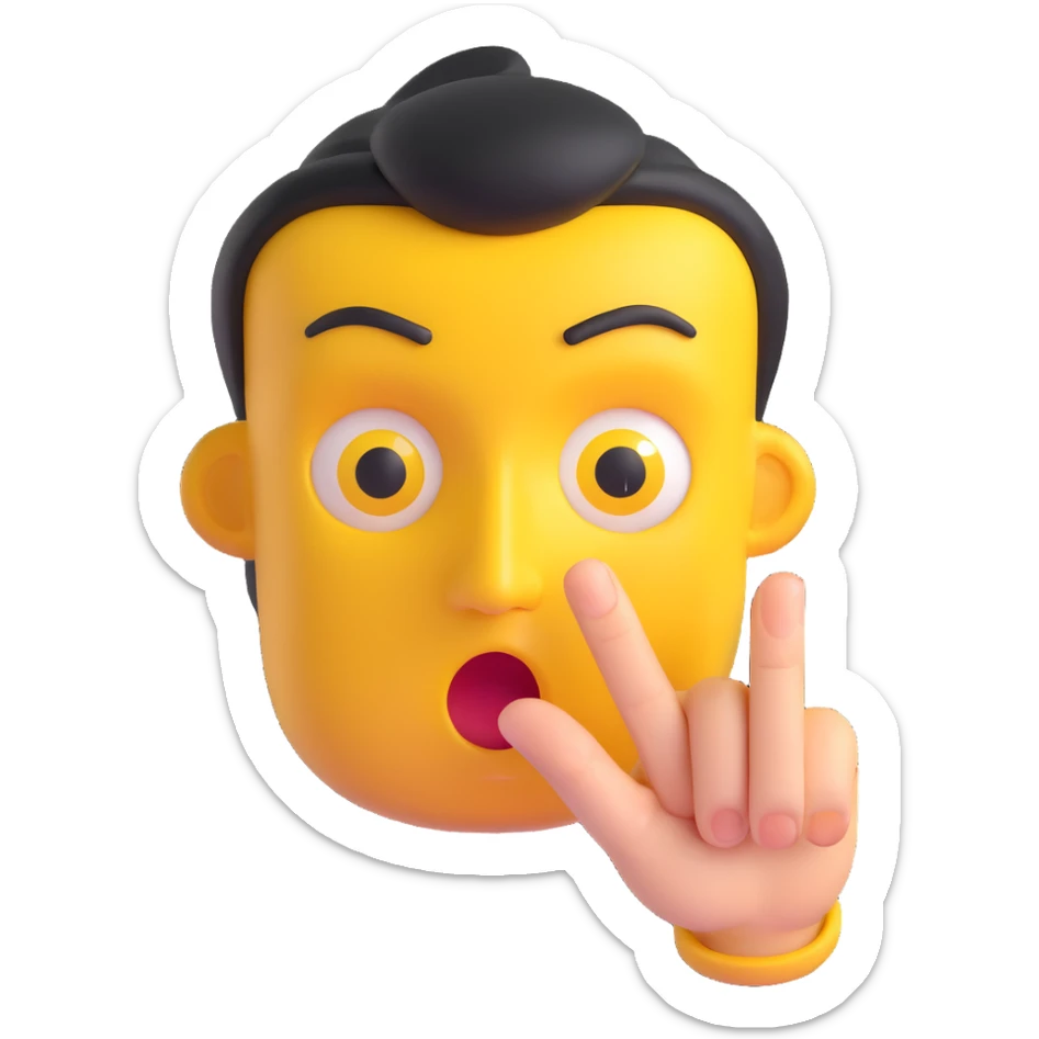 3D emoji of a yellow face with stern eyes and finger up, 'be quiet' gesture sticker