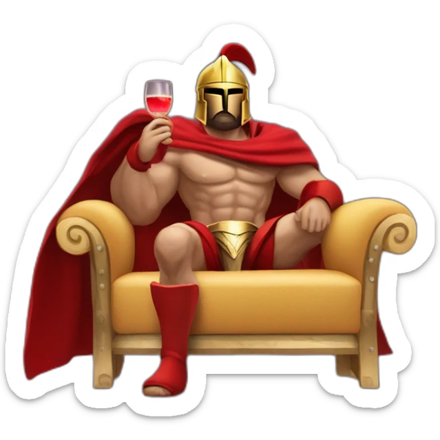 The Spartan Leonidas and his red cape with a cocktail in hand and his helmet under his arm relaxing on a sofa. sticker