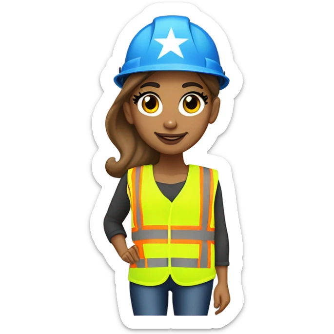 Ariana Grande is a construction worker wearing a patriotic dress with a neon yellow safety vest over the dress. she also has a hard hat and a patriotic patch on the vest sticker