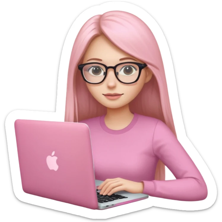 Mujer lacia peli larga y peli larga  en una MacBook rosa investigando y haciendo tareas con un libro de apuntes y con cara muy linda como modelo sticker