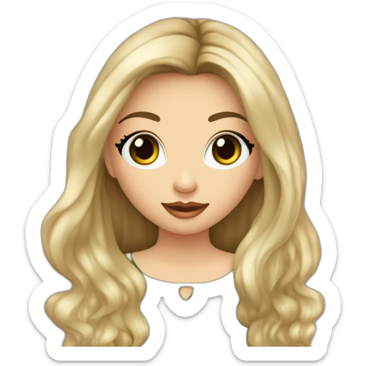 Blank meisje met donkerblond haar bruin groene ogen sieraden om geen oorbellen cream trui met zwart rokje zwarte panty en zwarte laarsjes en een paardenstaart in sticker