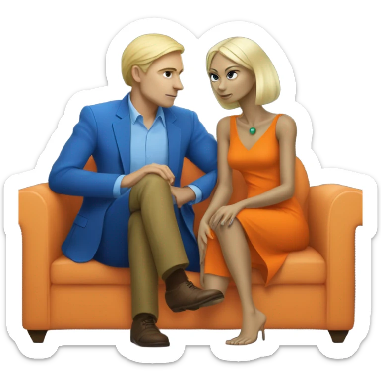 blonde alien reptilian woman in orange dress and humman man in blue, sitting on a couch  sticker
