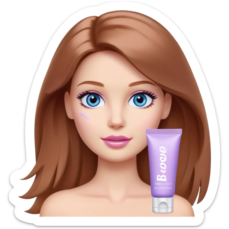 Barbie girl Chestnut Shoulder-length hair and blue eyes is In pale purple smears by hand cosmetic cream on her face sticker