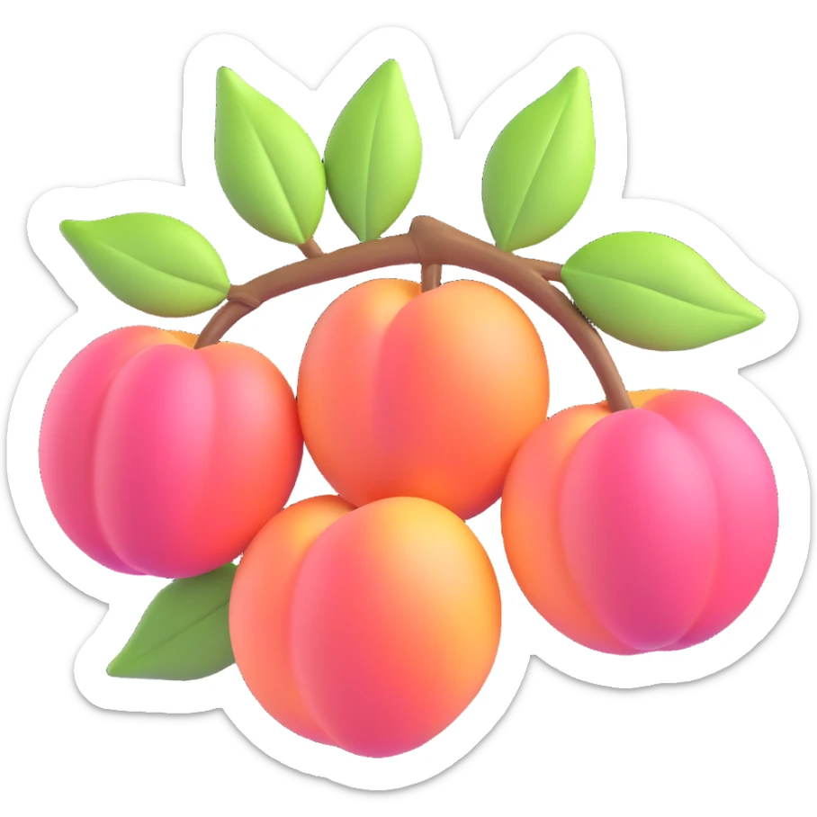 Edit the image to depict a branch with four pink peaches and pale leaves in a shiny and glossy 3D iOS emoji style on a transparent background. sticker