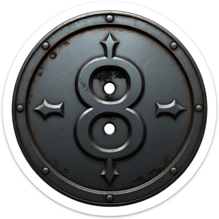 Minimal emoji, gothic metal coin made of black steel, engraved number 8 at the center, ancient industrial aesthetic, worn metal texture, no glow, no neon, flat emoji design, centered, transparent background sticker