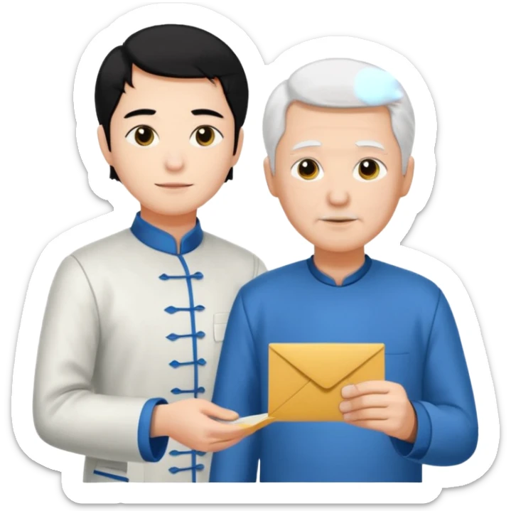 a young student with morden T-shirt and black hair, who is handing letter to a old man official with white hair chinese tunic suit sticker