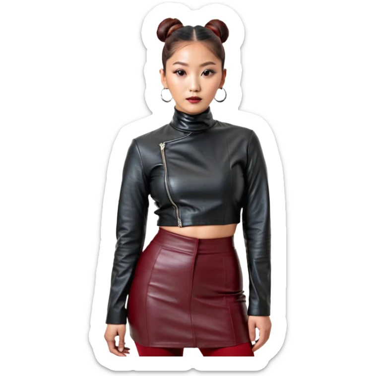 Full-body shot of an East Asian woman with a sleek bun at the nape of the neck, not a high bun. Oversized black leather jacket to the hips, black turtleneck, silver orb necklace. Red leather mini skirt, burgundy tights, red long boots. Fashion-editorial style. sticker