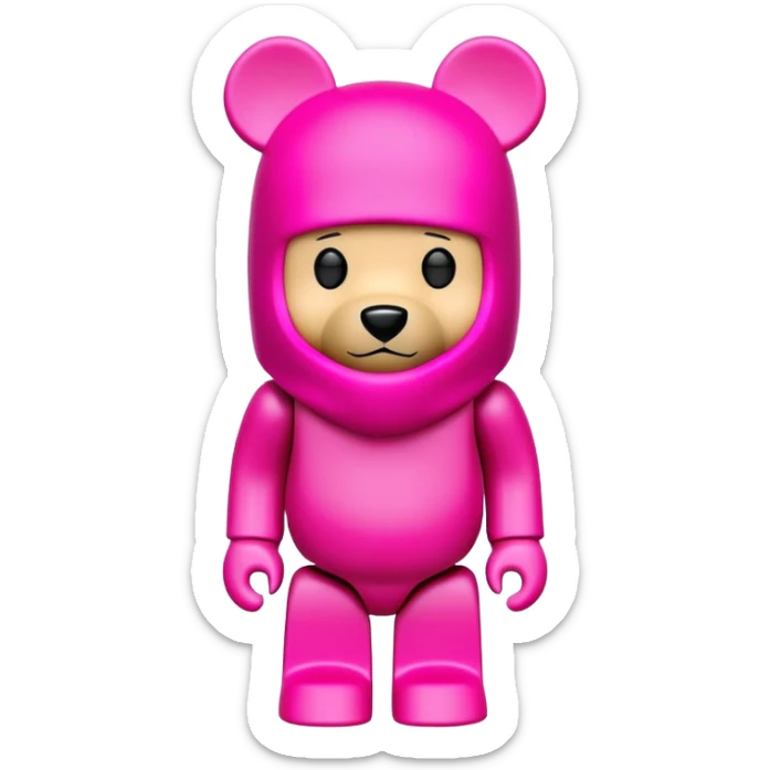 bearbrick toy figure wearing a bright pink balaclava, blocky bear collectible toy sticker
