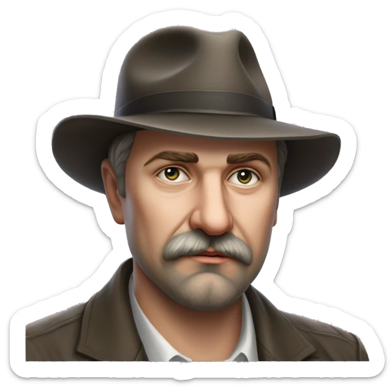 Russian writer Alexander Kuprin Photorealism A plump serious man of Slavic appearance with Small eyes with goatee beard and mustache, with a  short haircut, big detailed face, wrinkled face, wearing a fedora hat sticker