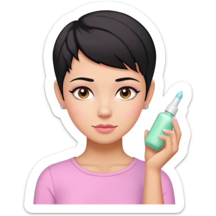 tan girl pink shirt with black hair & a pixie, cut no earrings, doing pastel colors skin care sticker