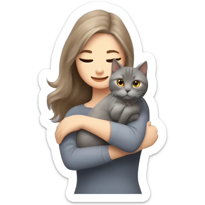 small British shorthair grey cat hugging long brown hair white woman sticker
