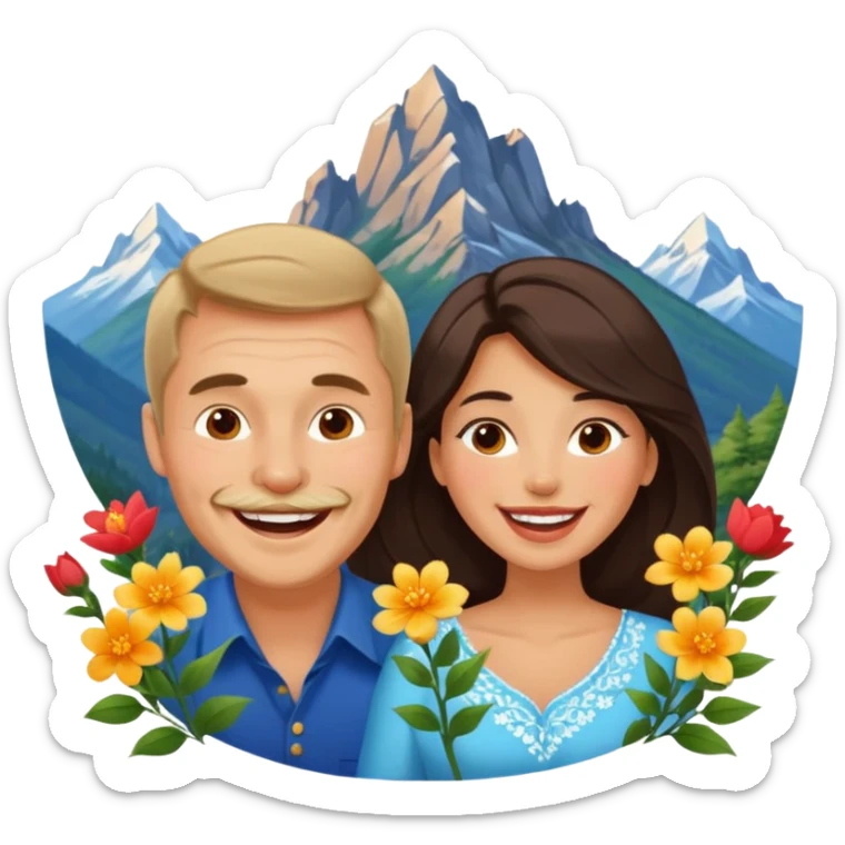 Laughing Couple traveling in Montenegro russian man and elegant  Latina girl delicate flowers and mountains in the background sticker