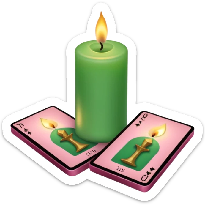 A green and pink deck of tarot cards and a one candle nearby sticker