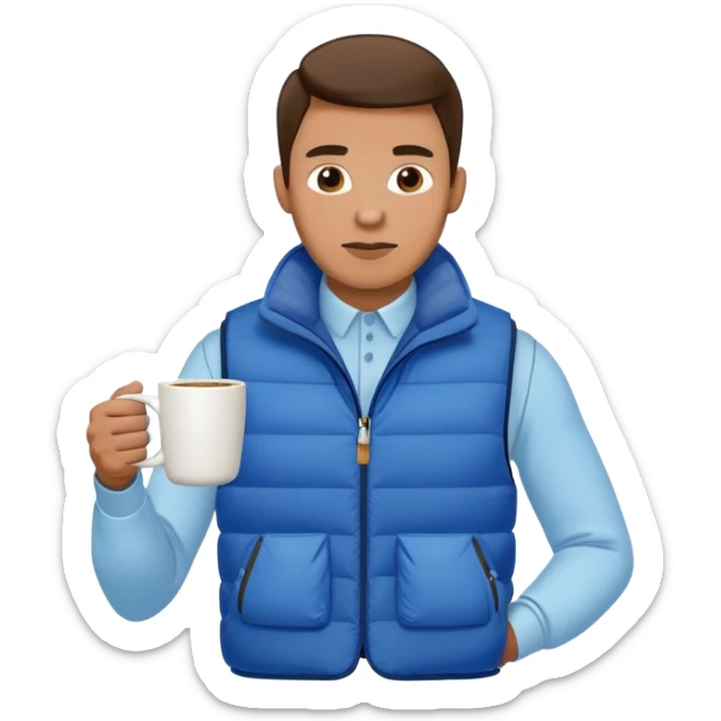full length man with white long sleeve shirt and blue puffy winter vest with no pockets holding a coffee mug in front of him and nothing in his other hand sticker