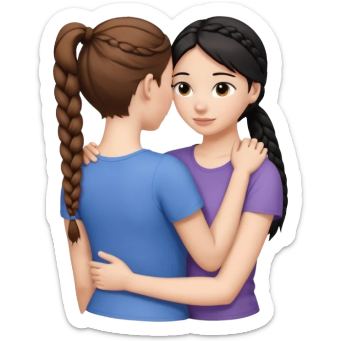 Comforting Hug two white skin women, one shorter woman with brown hair in simple top ponytail, not braided, and one taller woman with black hair in long side braid sticker
