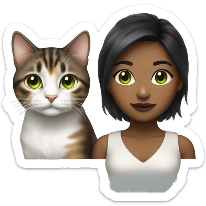 Young black woman brown eyes and black hair with a white and brown tabby cat with green eyes sticker