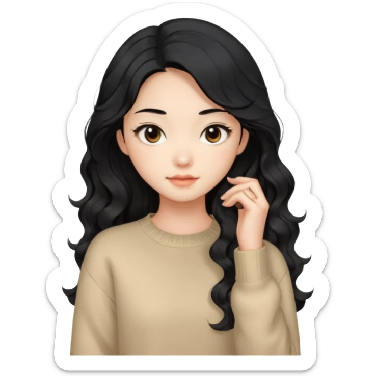 Beautiful girl,Black hair, wavy long hair,Black eyes,Chinese, beige sweater  sticker