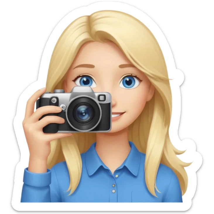  blue eyes blonde girl photographer cartoon taking picture in middle of taking picture camera in front of face long hair smiling funny flash professional, camera in front of face sticker