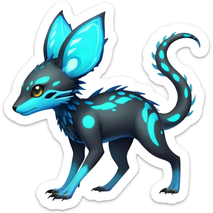 Rare realistic dark-neon glowing bioluminescent edgy badass epic pretty beautiful handsome gorgeous aesthetic colorful vibrant Vernid-Trico-species-Fakemon-creature by LiLaiRa, 4 legs, 1 tail, random markings, (full body) sticker