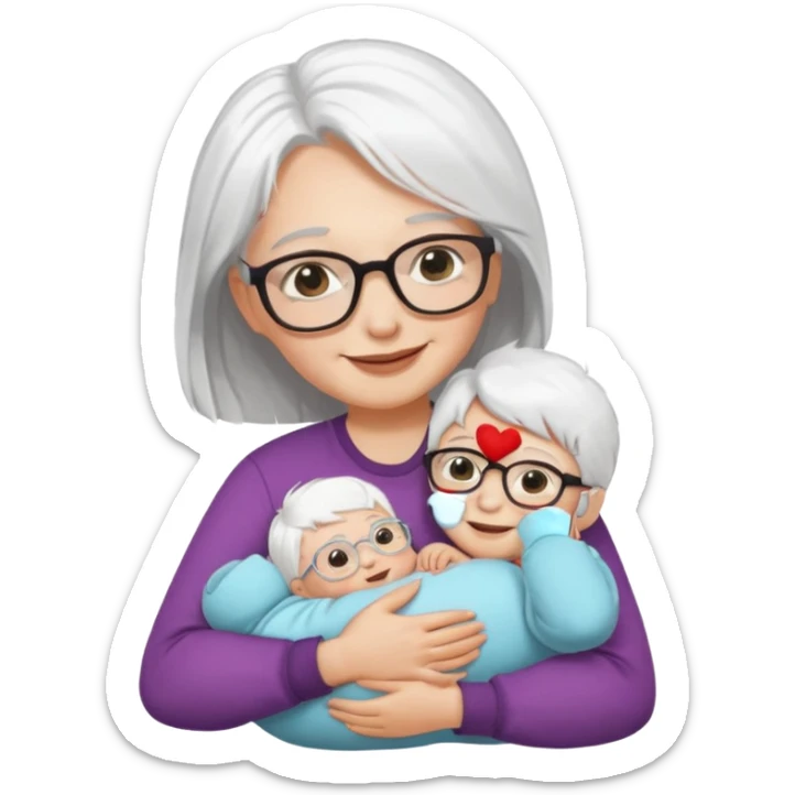"Woman with white hair and fair skin wearing glasses, hugging a baby, smiling."
 sticker