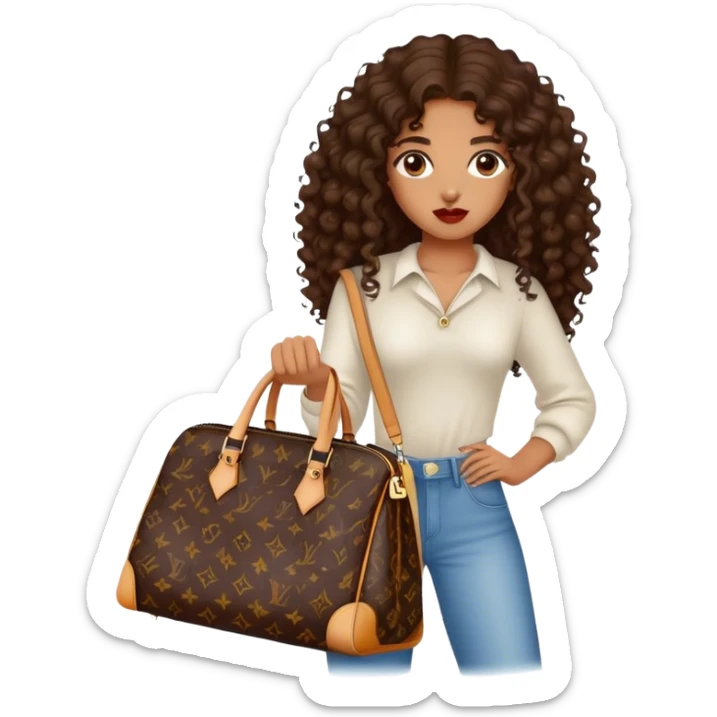 Medium Brown girl with long dark brown long curly hair carrying a Louis Vuitton bag on her arm sticker