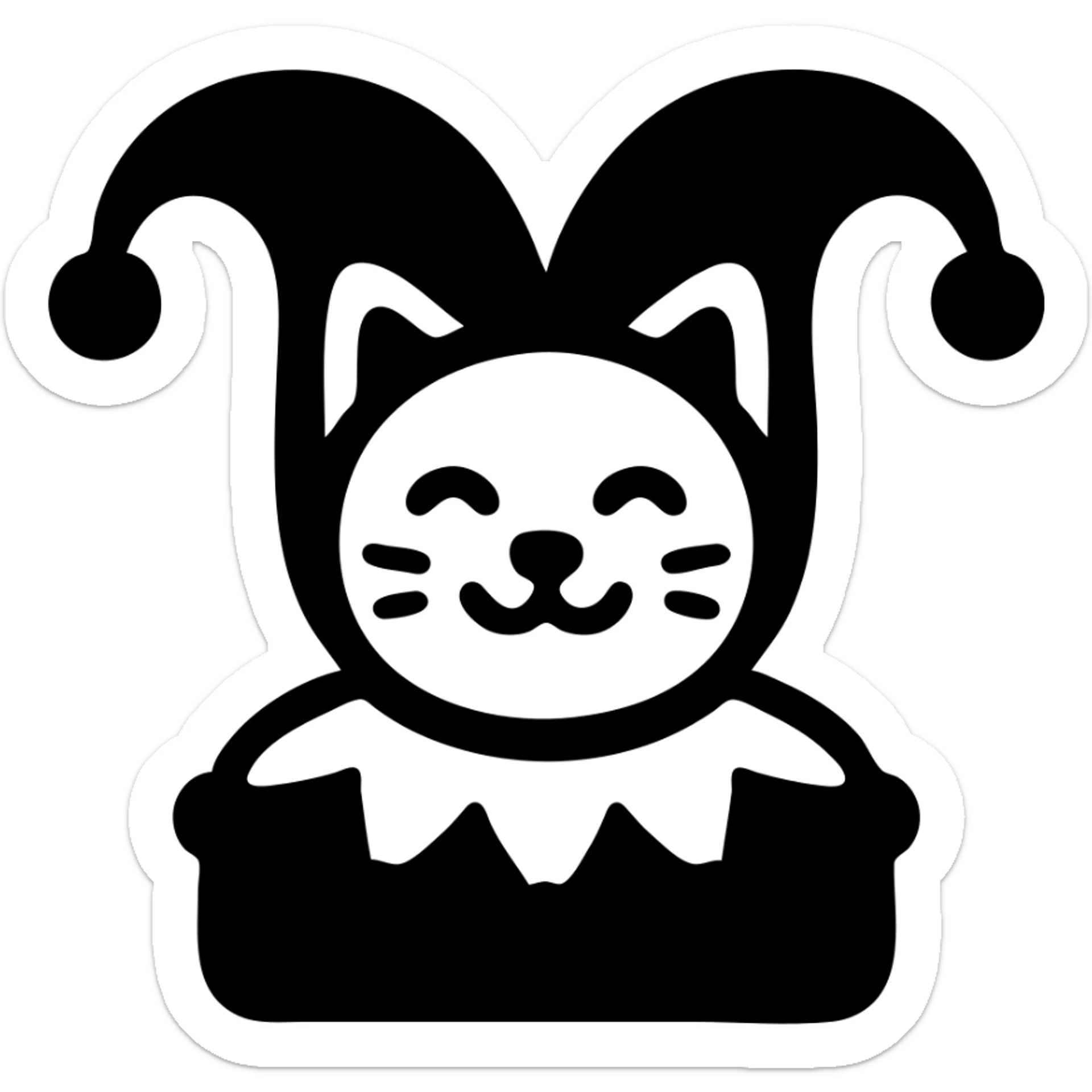 crazy cute little cat jolly joker from poker, medieval, vintage, court jester, mac os icon, purple, gold and red color, head + torso. Squared shape as 3D mac os system icon, symmetrical sticker