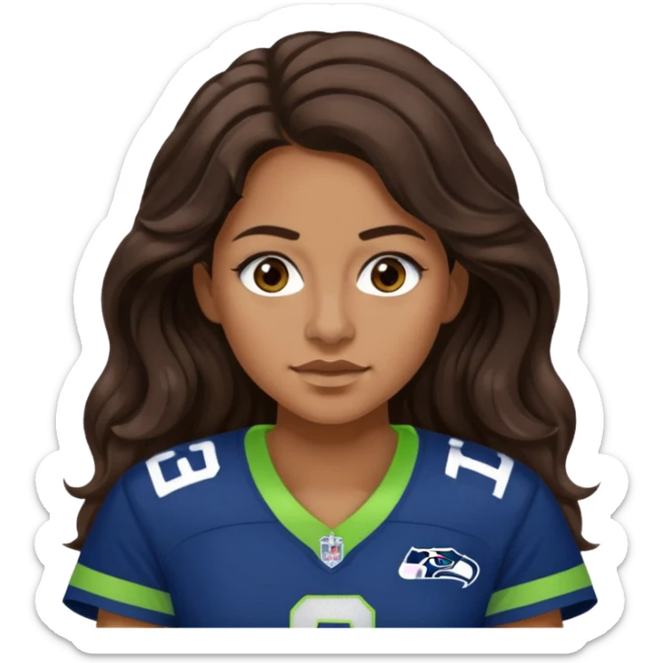 Long wavy Dark brown hair, brown eyes with small nose ring of seahawks fan women sticker
