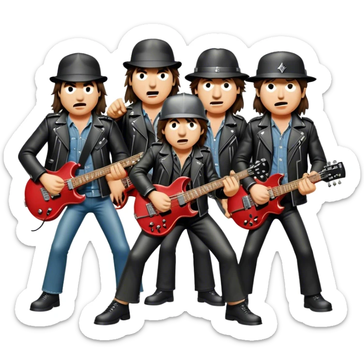 Cinematic Realistic AC/DC Band Emoji, depicted as a high-energy rock ensemble with electrifying stage presence and gritty textures, rendered with bold vibrant lighting that captures the raw power and rebellious spirit of their music. sticker