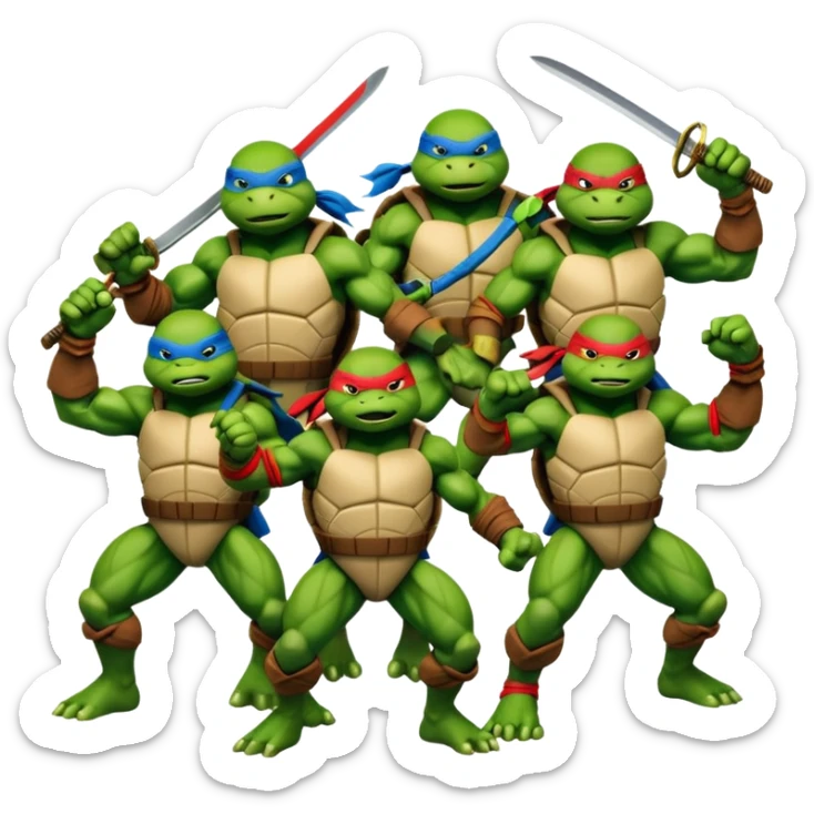 Give me a picture of 4 teenage mutant ninja turtles. Make them hold a fighting pose. sticker