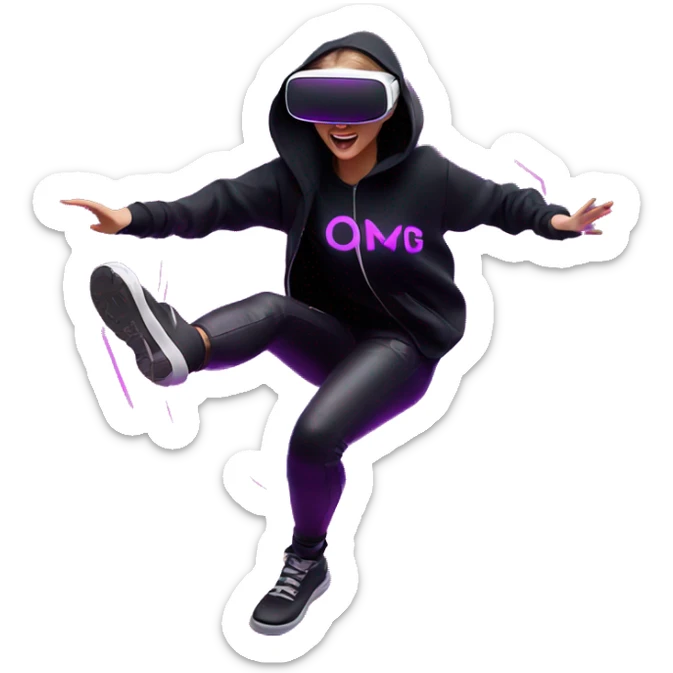 Russian girl wearing black hoody with violet letters "OMG", in vr headset oculus quest2. jumping. Cyberpunk style. Violet neon. sticker