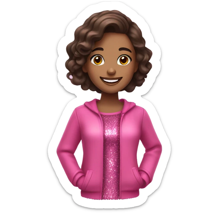 brunette girl with makeup and pink glittery clothes smiling sticker