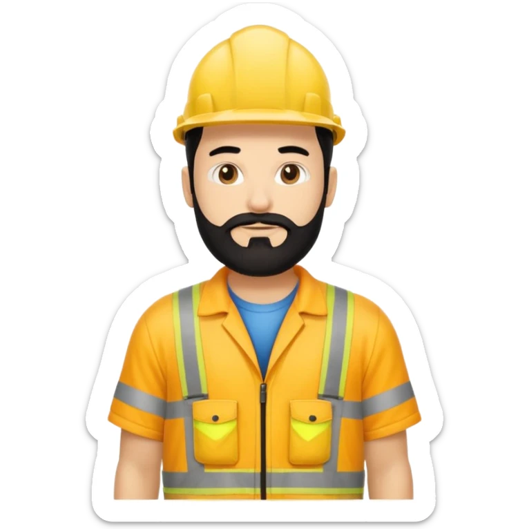 Man in yellow hi vis overalls, with black hair and full beard and no hat sticker