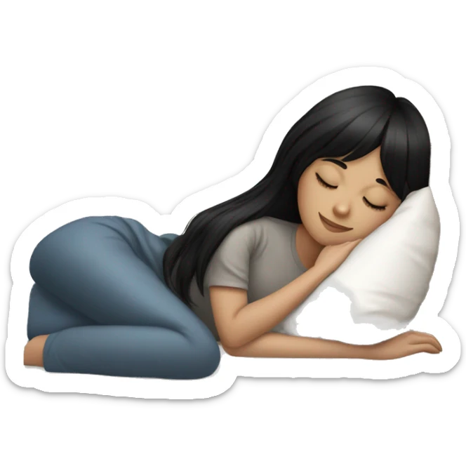 Woman pale skin black hair with bangs sleeping in bed with pillow, white woman sticker