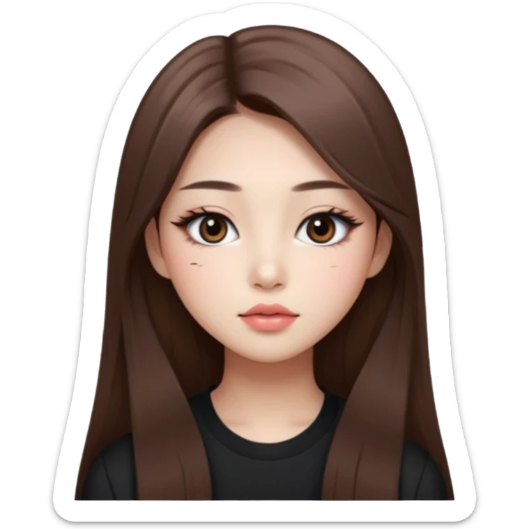 “korean straight long brown hair Emoji girl, soft eyeliner and blush, gradient lips, light brown shimmer eyeshadow sticker