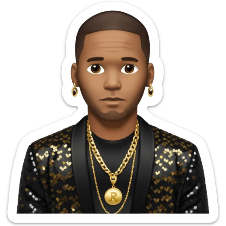 R. Kelly with dark brown hair, black sequin jacket, shirtless with necklace sticker