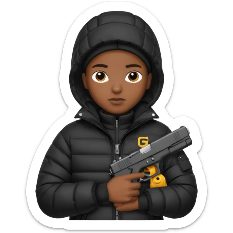 african american wearing a black puffer jacket with the hood on and holding a glock 26 sticker