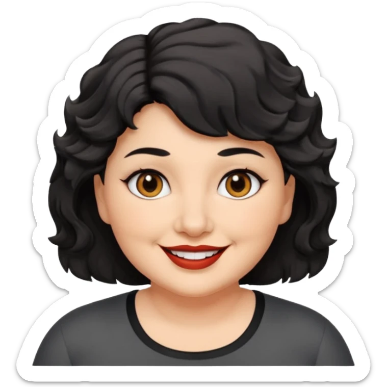 woman 60, brown eyes, very short black wavy wolf cut hair, chubby smile sticker