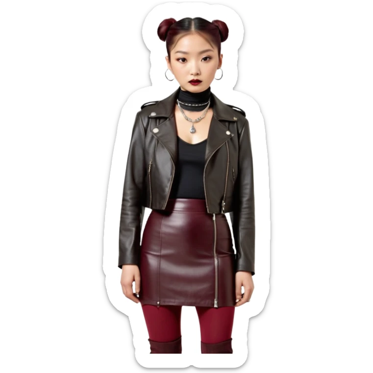 Apple emoji style. Full-body East Asian woman with a single sleek bun below the ears. Oversized hip-length black leather jacket, black turtleneck, silver Vivienne Westwood orb necklace. Low-waist A-line burgundy leather skirt, burgundy tights, red long boots. sticker